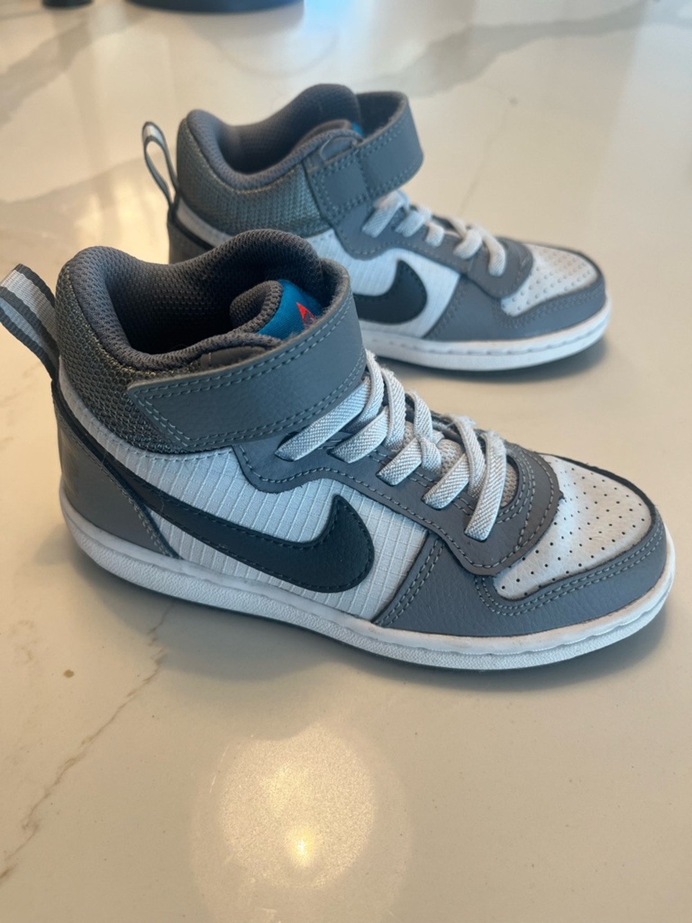 Nike Little Kids Borough Mid Grey and White Sneakers with Black Swoosh